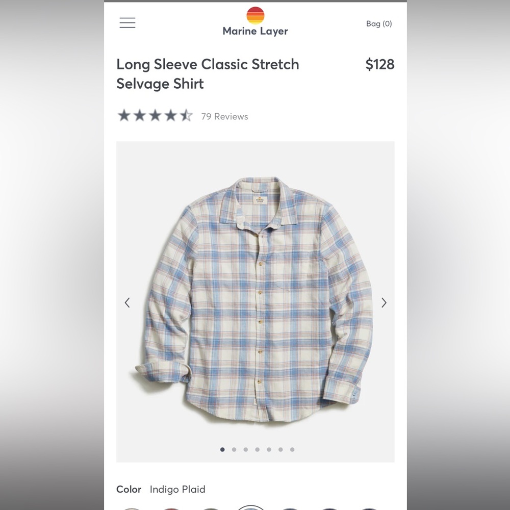 Marine Layer Men’s Large Long Sleeve Classic Stretch Selvage Shirt Indigo Plaid